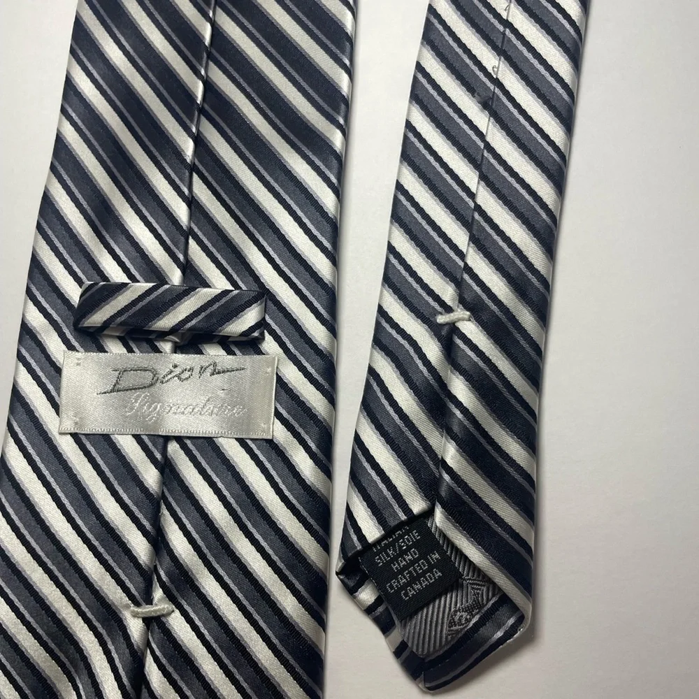 Dior Signature 100% silk tie with white, navy, and gray stripes. - Picture 2 of 3